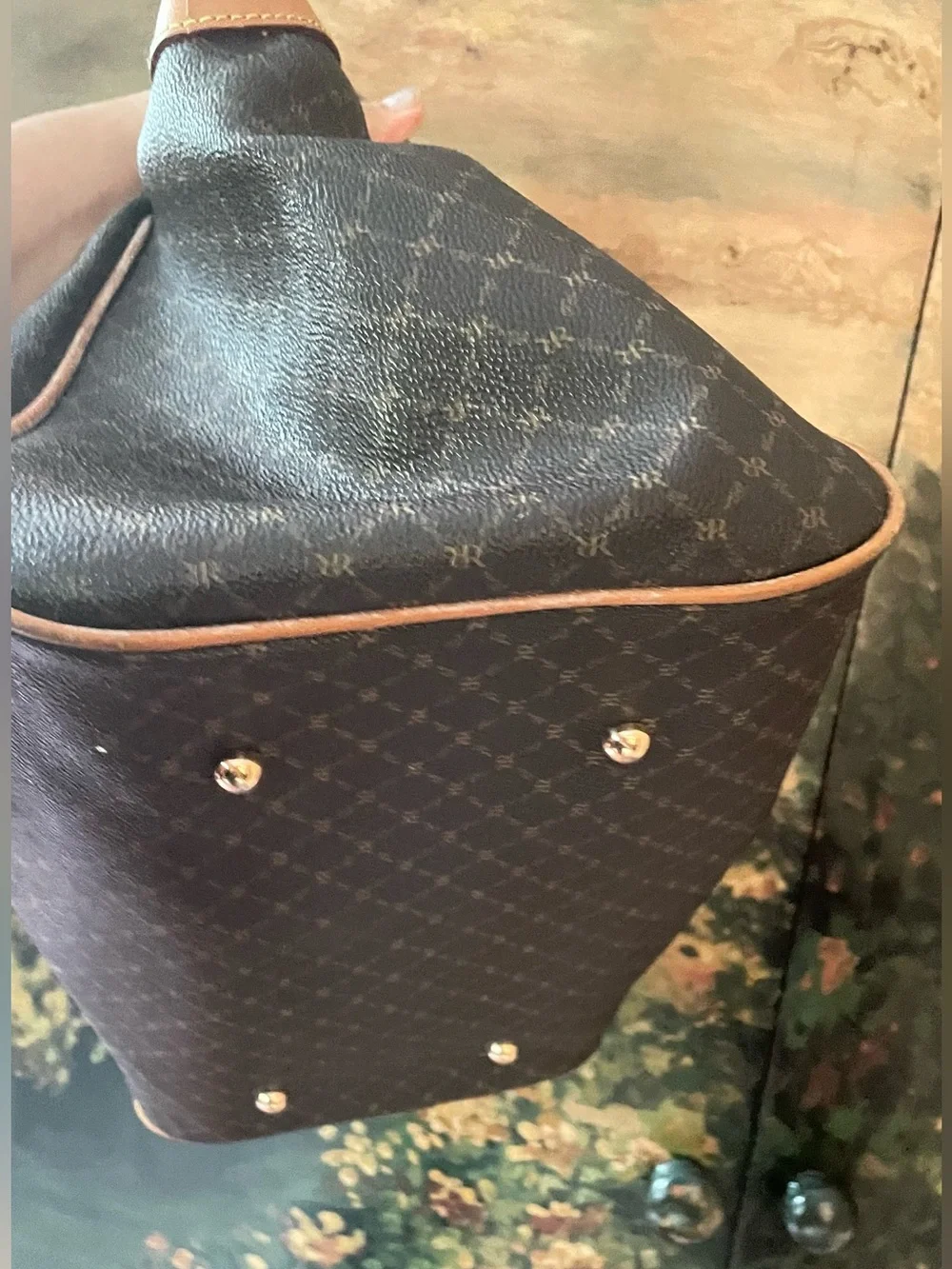 Rioni Brown Patterned Satchel with Tan Trim Handles